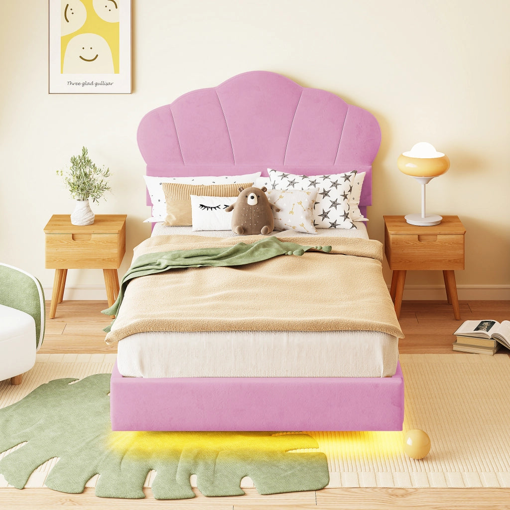 Letto imbottito per bambini con testiera a nuvola e LED, 90x200 cm, rosa
