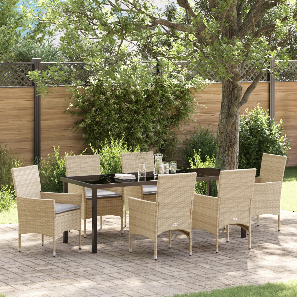 Set da Pranzo da Giardino da 7 Pezzi con Cuscini Beige Polyrattan