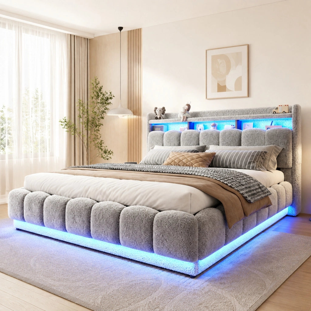 Letto Contenitore 180x200 cm; Matrimoniale; LED; USB e Presa - in Tessuto; Grigio