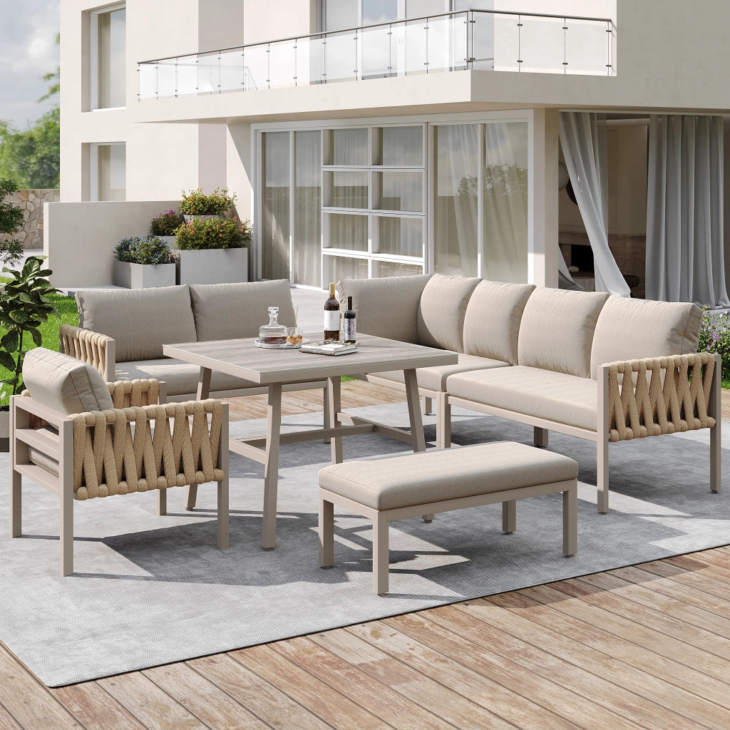 Set Divano Angolare da Giardino con Tavolino in Vetro ¨C MINIMAL ¨C Polyrattan Beige con Cuscini