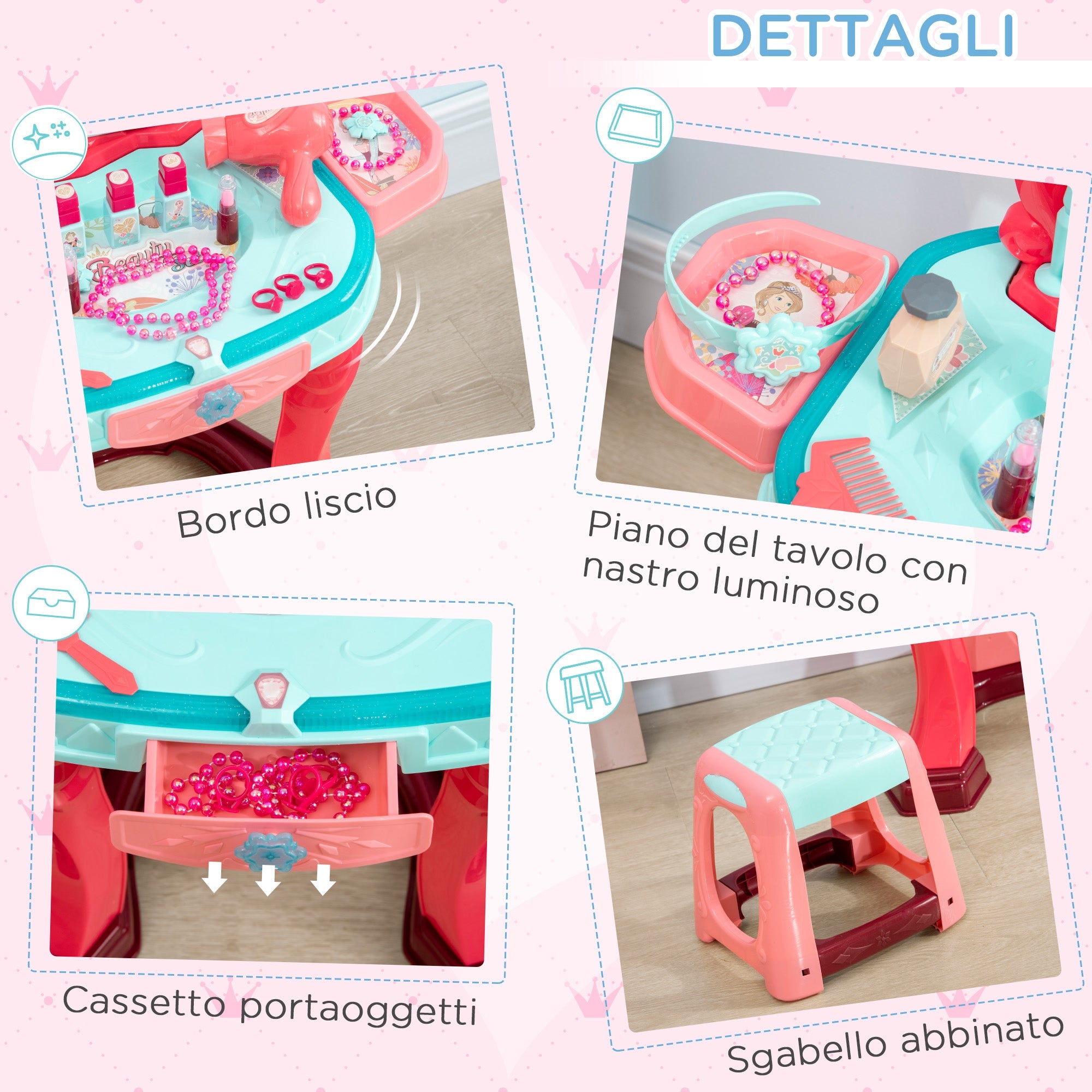 Specchiera Giocattolo per Bambini con Sgabello Luci e Accessori 57x34x76 cm Multicolore