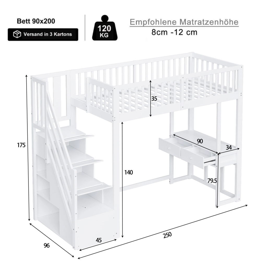 Letto a soppalco 90x200 cm con tavolo multifunzione in legno bianco