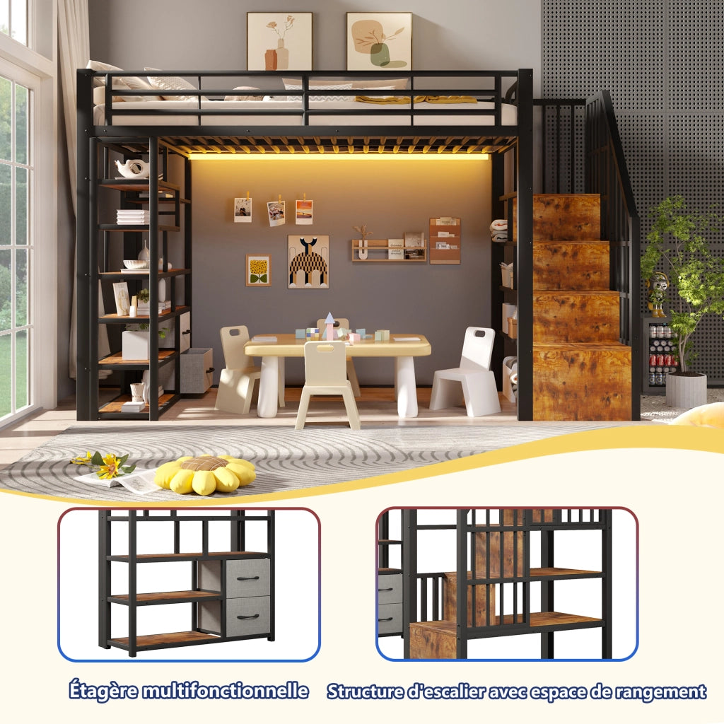 Letto a soppalco 90x200 cm con cassetti in tessuto; spazio sottostante; LED; ripiano; gradini e parapetto; metallo nero