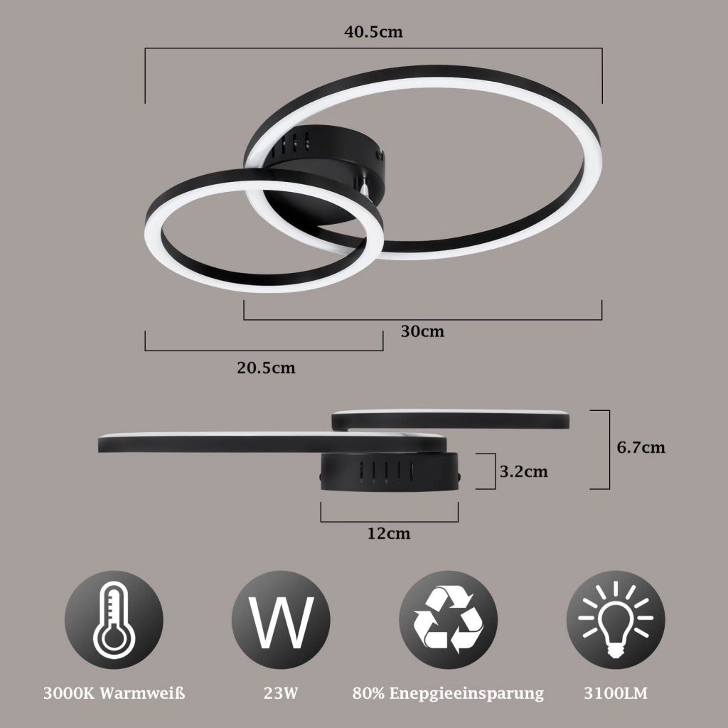 ZMH Lampada da soffitto plafoniera LED 2 anelli nera moderna 23W 3000K per soggiorno