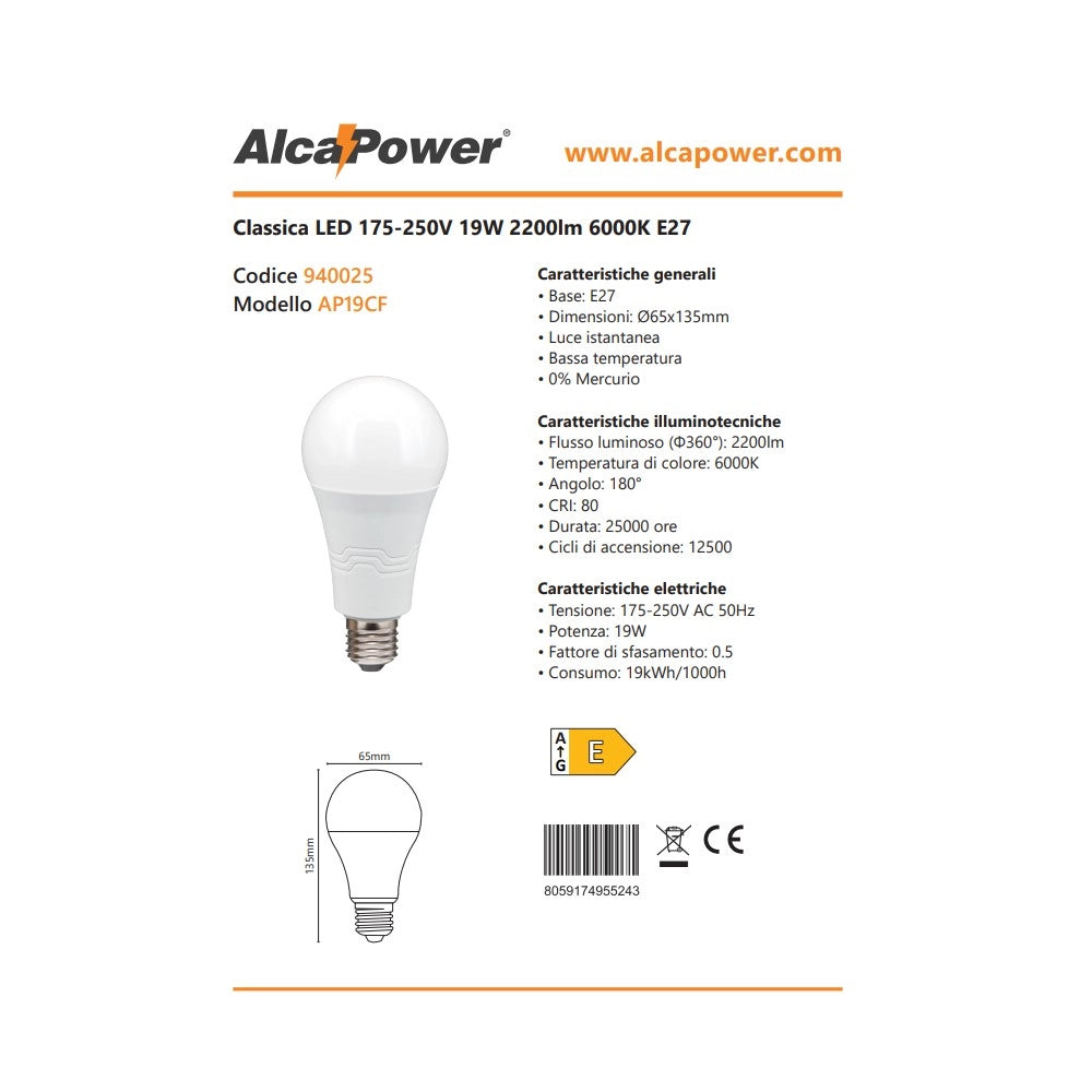 Alca power a65 19w 175-250v 2200lm 6000k e27 lampada classica a led