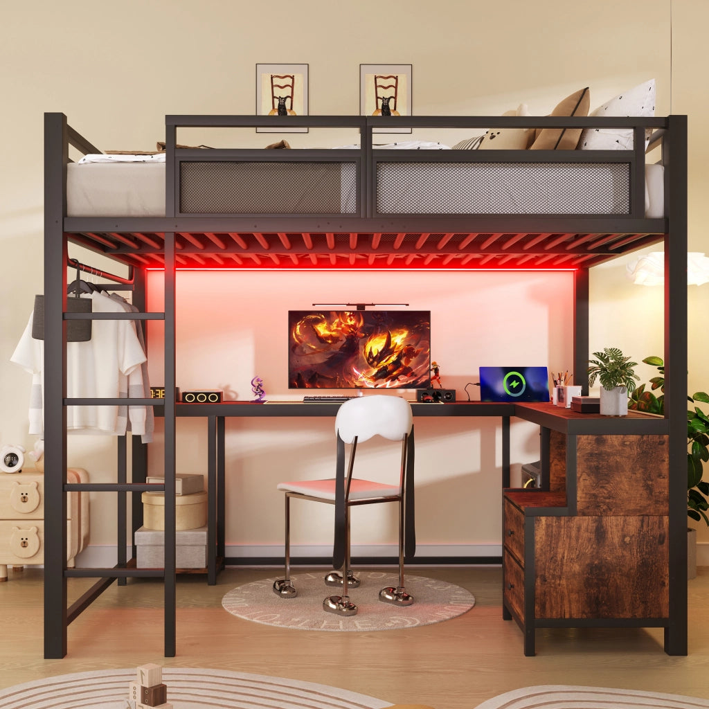 LETTO a soppalco 140x200 cm in metallo nero con scrivania, ripiani e barra appendiabiti