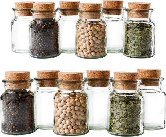 Contenitori di Stoccaggio | Bacinelle per Erbe | Contenitori per Conservazione | 12 Pezzi | Vetro | Tappo di Cernita | 150 ml