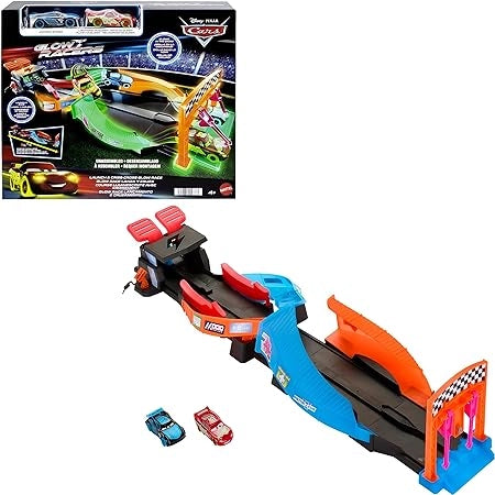 Disney Pixar CARS - Pista Night Racing, playset con pista e due macchinine che brillano al buio, include Saetta McQueen