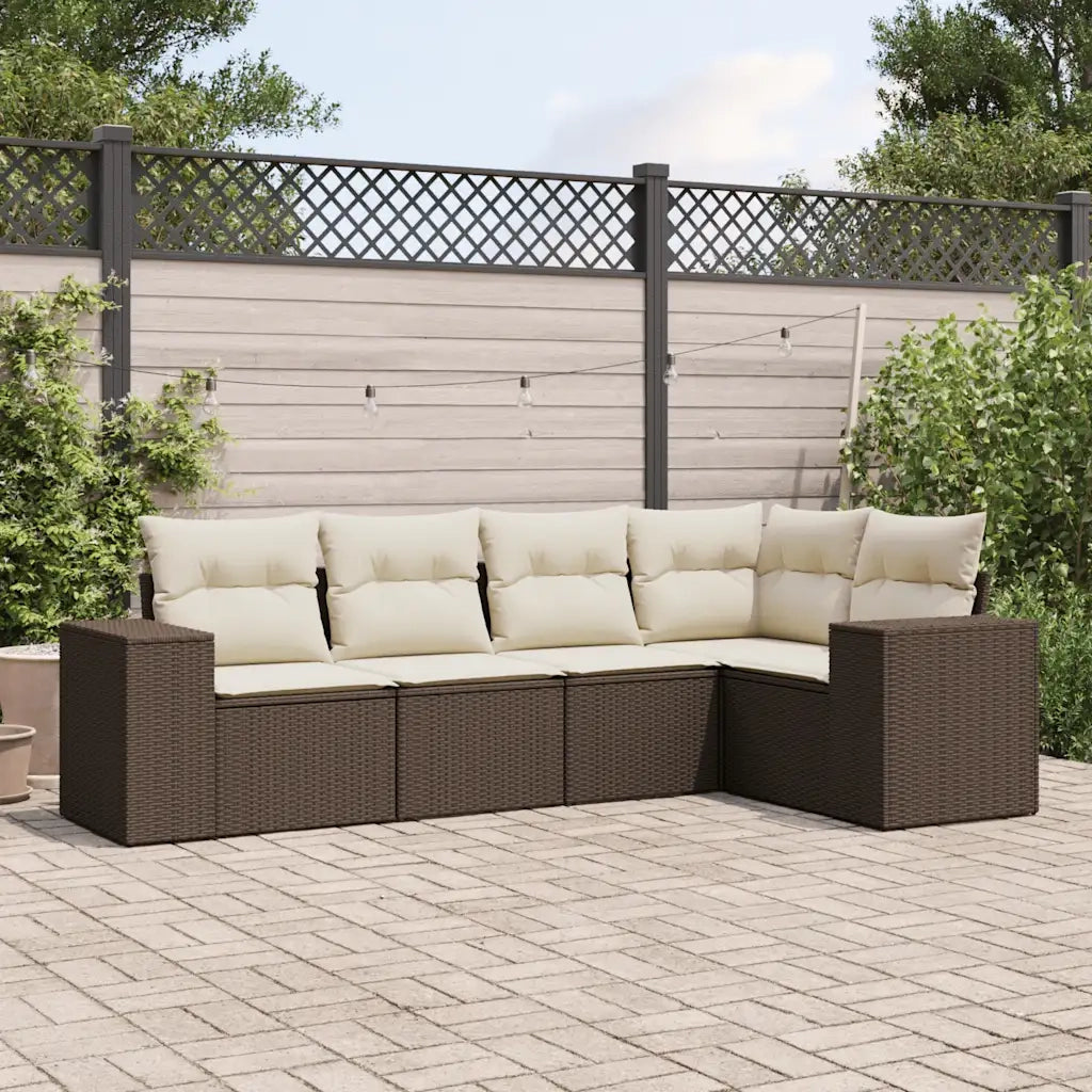 Set Divano da Giardino 5 pz | Set Salotto da Giardino con Cuscini Marrone in Polyrattan