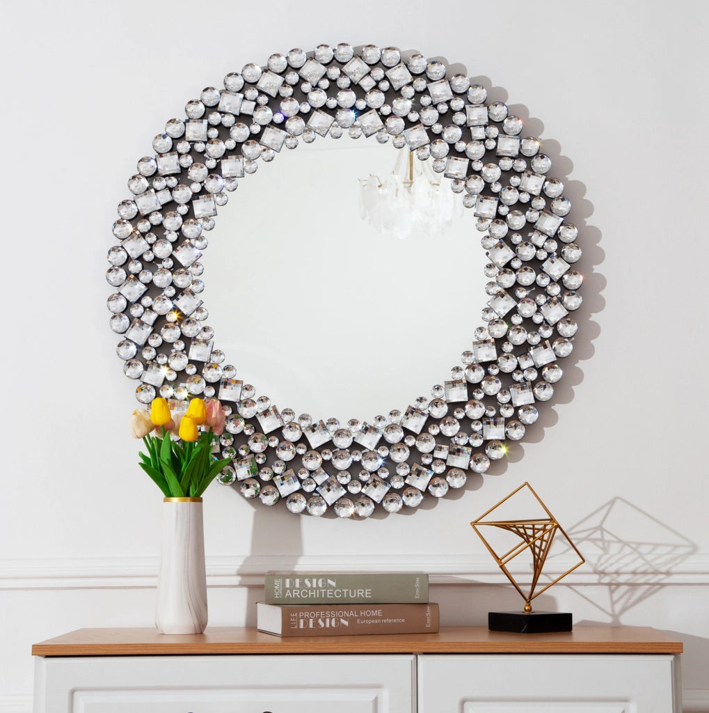 Specchio da parete rotondo ULEVR 86,4 cm con cornice decorativa effetto cristallo, argento
