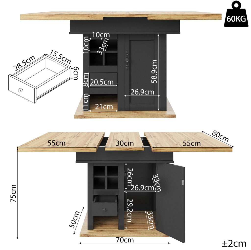 Tavolo da pranzo estensibile 110-140x80 cm con vani contenitore, nero e naturale