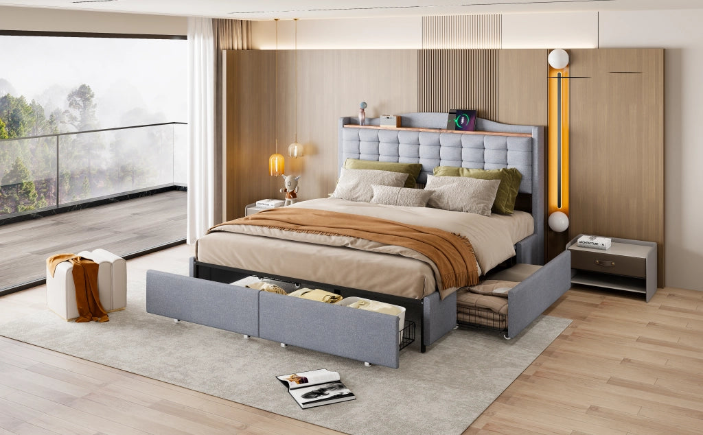 Letto imbottito con USB, 4 cassetti e comodino, 160x200 cm, lino grigio