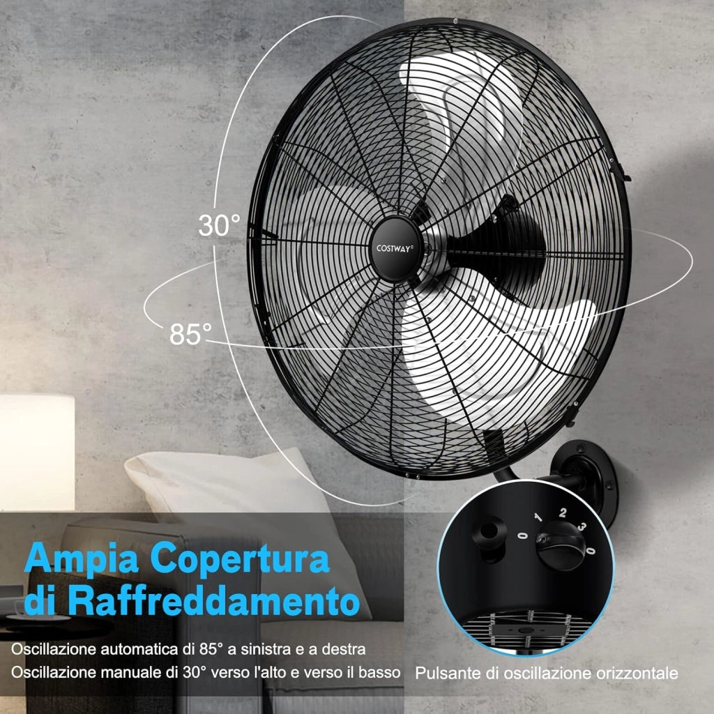 Ventilatore da Parete Girevole a 3 Velocità, Industriale e Silenzioso ad Alta Velocità con Pale in Alluminio, Potenza 120W, Diametro 51 cm (Nero)