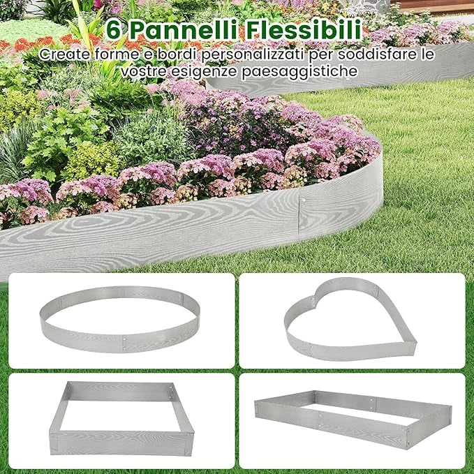 Bordatura da Giardino 6 M, Set di 6 Bordi per Aiola 110 x 20 cm in Metallo Zincato con un Paio di Guanti, Recinzione Flessibile e Forma Regolabile