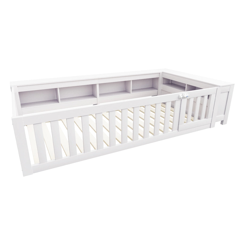 Letto singolo bambino 90×200 cm con ripiani; sponde di sicurezza e rete; senza materasso; legno massiccio; bianco