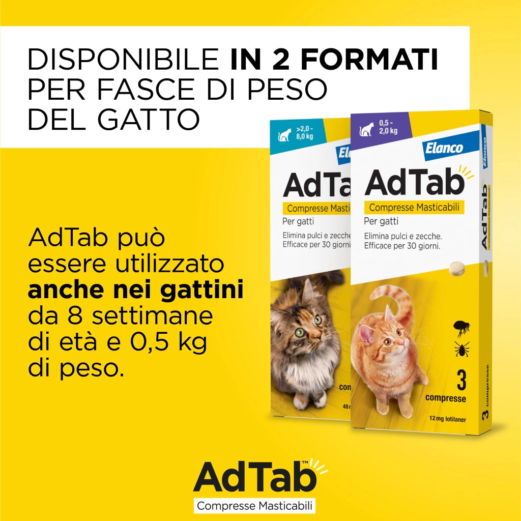 Compresse Antiparassitarie Masticabili AdTab per Gatti da 2 a 8 kg 3 Compresse da 48 mg Protezione Mensile contro Pulci e Zecche Elanco