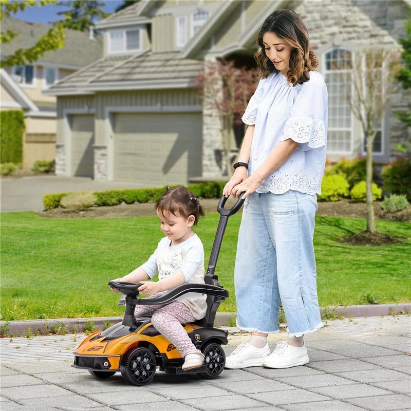MACCHININA PER BAMBINI 2 IN 1 CON MANIGLIONE E BARRIERA DI SICUREZZA 86.5X40X89.5 CM ARANCIONE E NERO