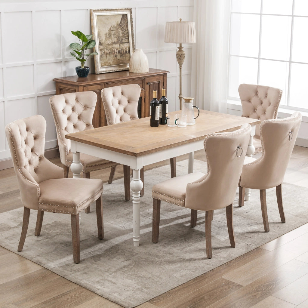 Sedia da Pranzo con Schienale e Seduta in Velluto Beige ¨C MINIMAL ¨C Set 6 Pezzi, Gambe in Legno Massello
