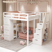 Letto a soppalco 140x200 cm bianco con scala e cassetti