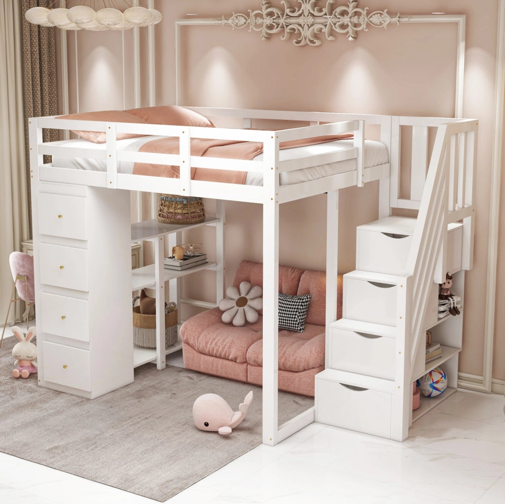 Letto a soppalco 140x200 cm bianco con scala e cassetti