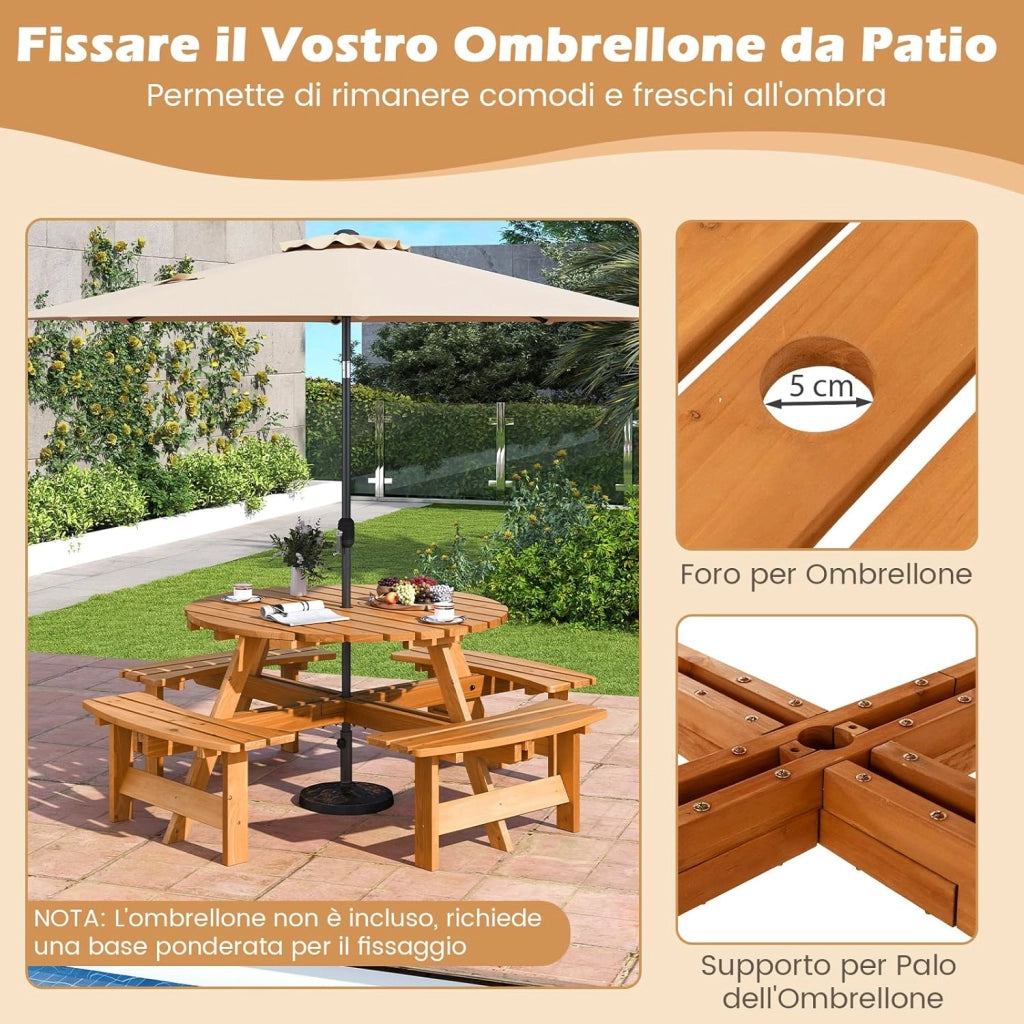 Set Tavolo da Giardino con 4 Panche Integrate, Legno Massiccio, con Foro Ombrellone, per 4-8 Persone, Tavolo Rotondo da Picnic per Esterno, Ogni Panca Porta 250 kg (Giallo, 179 x 179 x 70 cm)