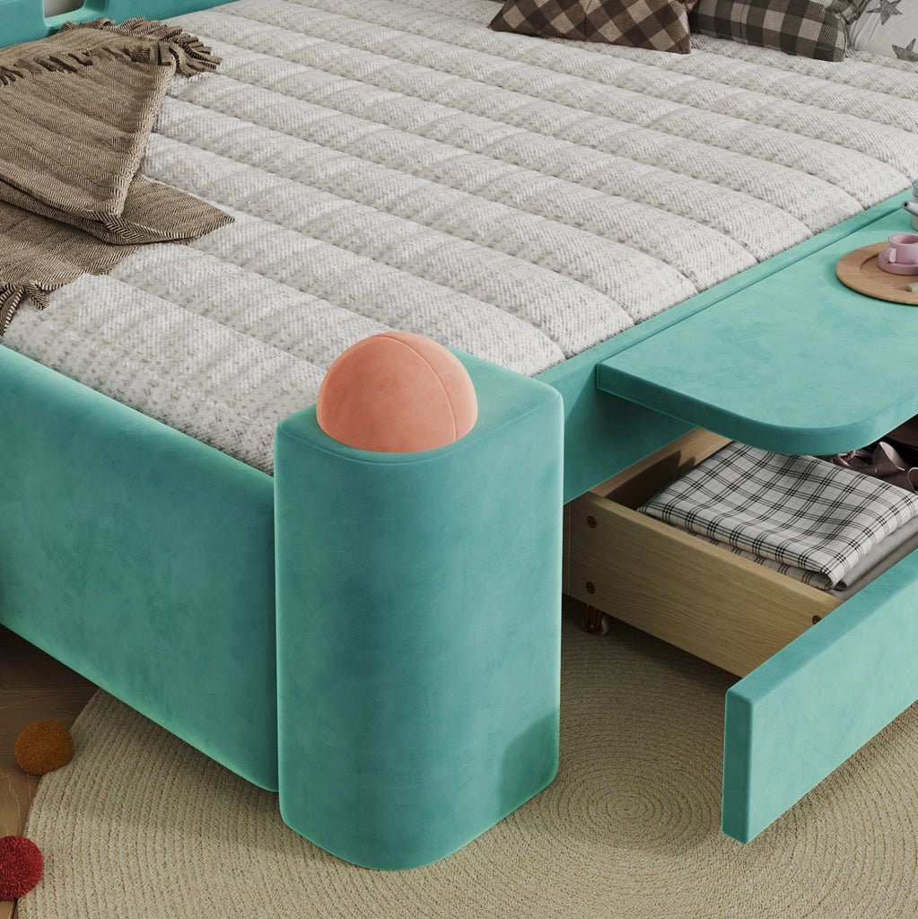 Letto imbottito per bambini 140x200 cm con cassetto contenitore e ripiano pieghevole