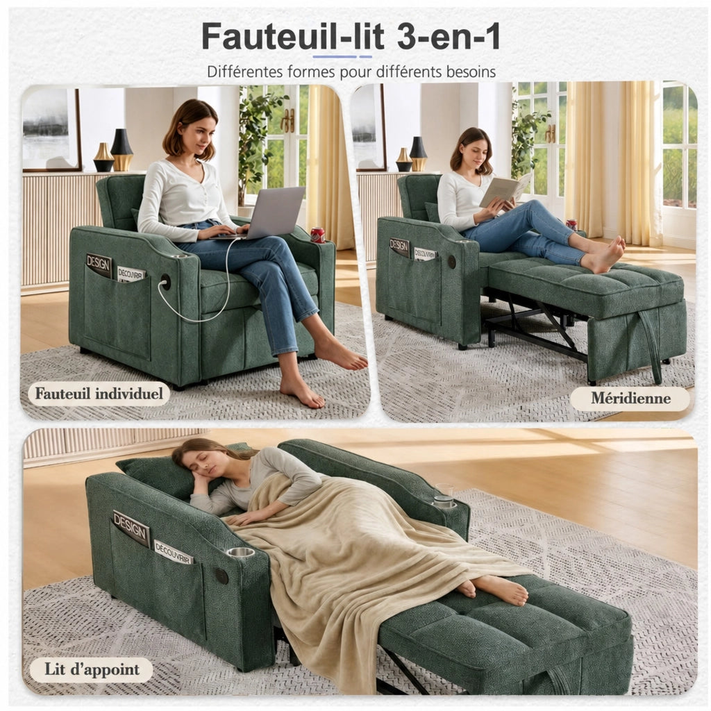 Fauteuil convertible con funzione letto, schienale regolabile, USB e portabicchieri, in tessuto verde 190 cm