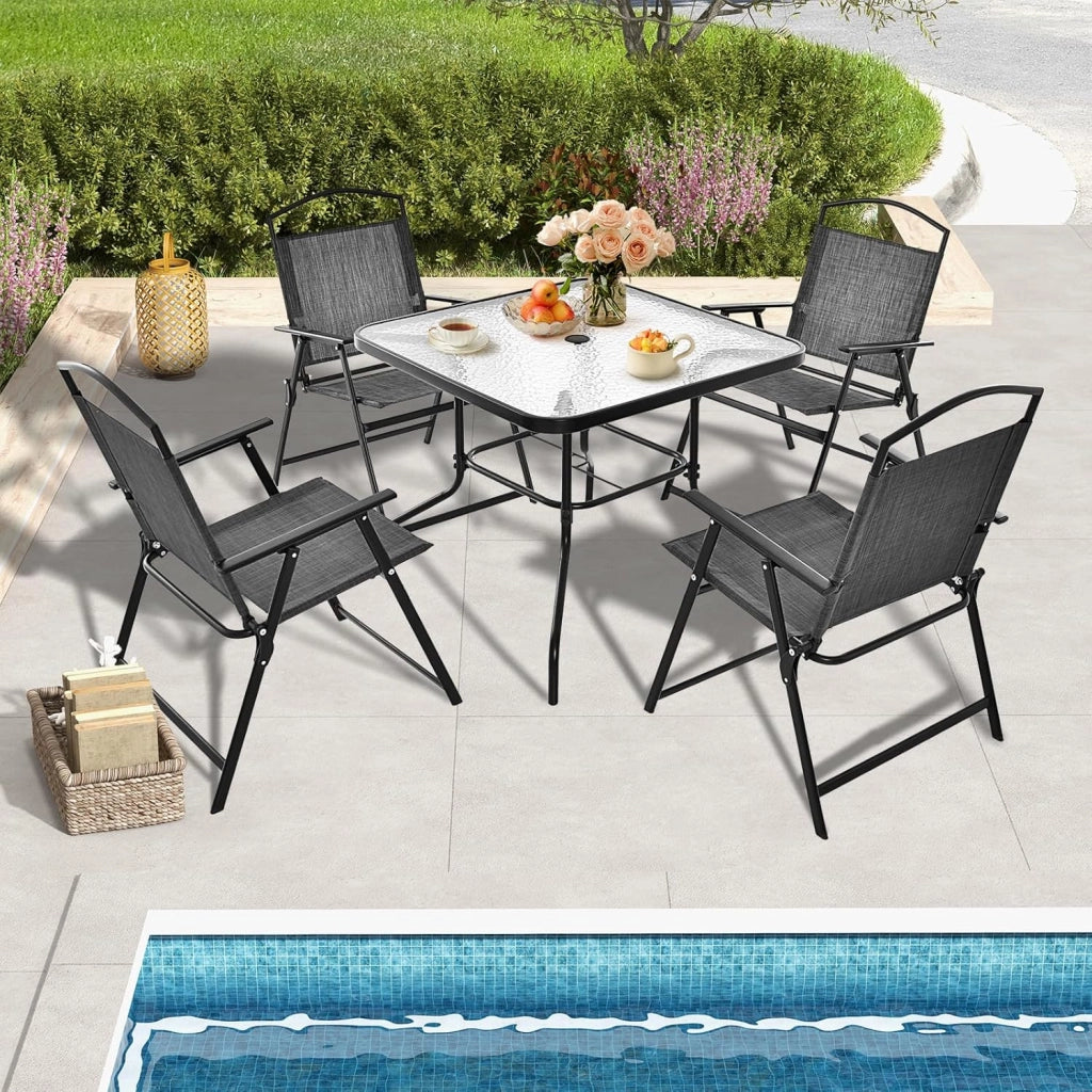 Set da Pranzo per Patio da 5 Pezzi, Sedie Pieghevoli e Tavolo in Vetro Con Foro per Ombrellone, Struttura in Metallo per Terrazza, Giardino