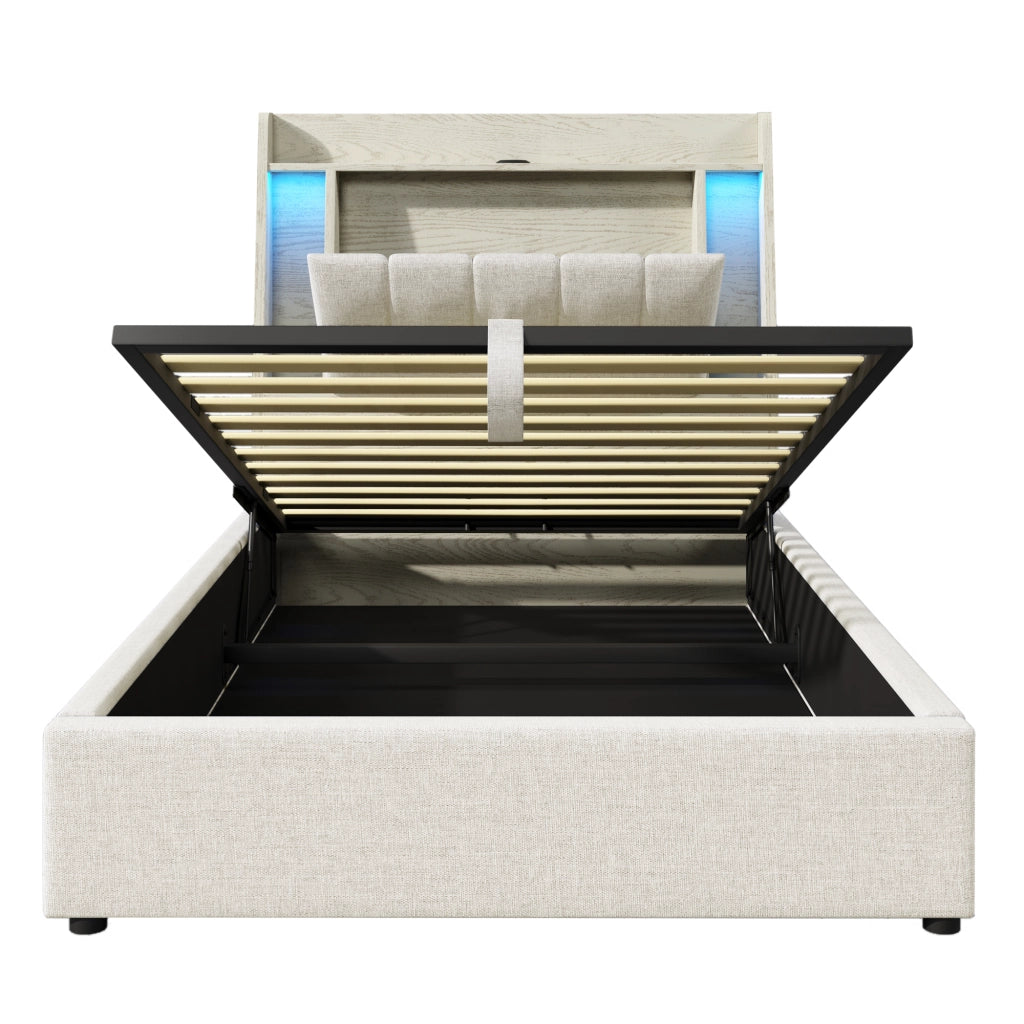 Letto contenitore 90 × 200 cm con vano idraulico testiera con scomparti LED USB e Type-C in lino beige
