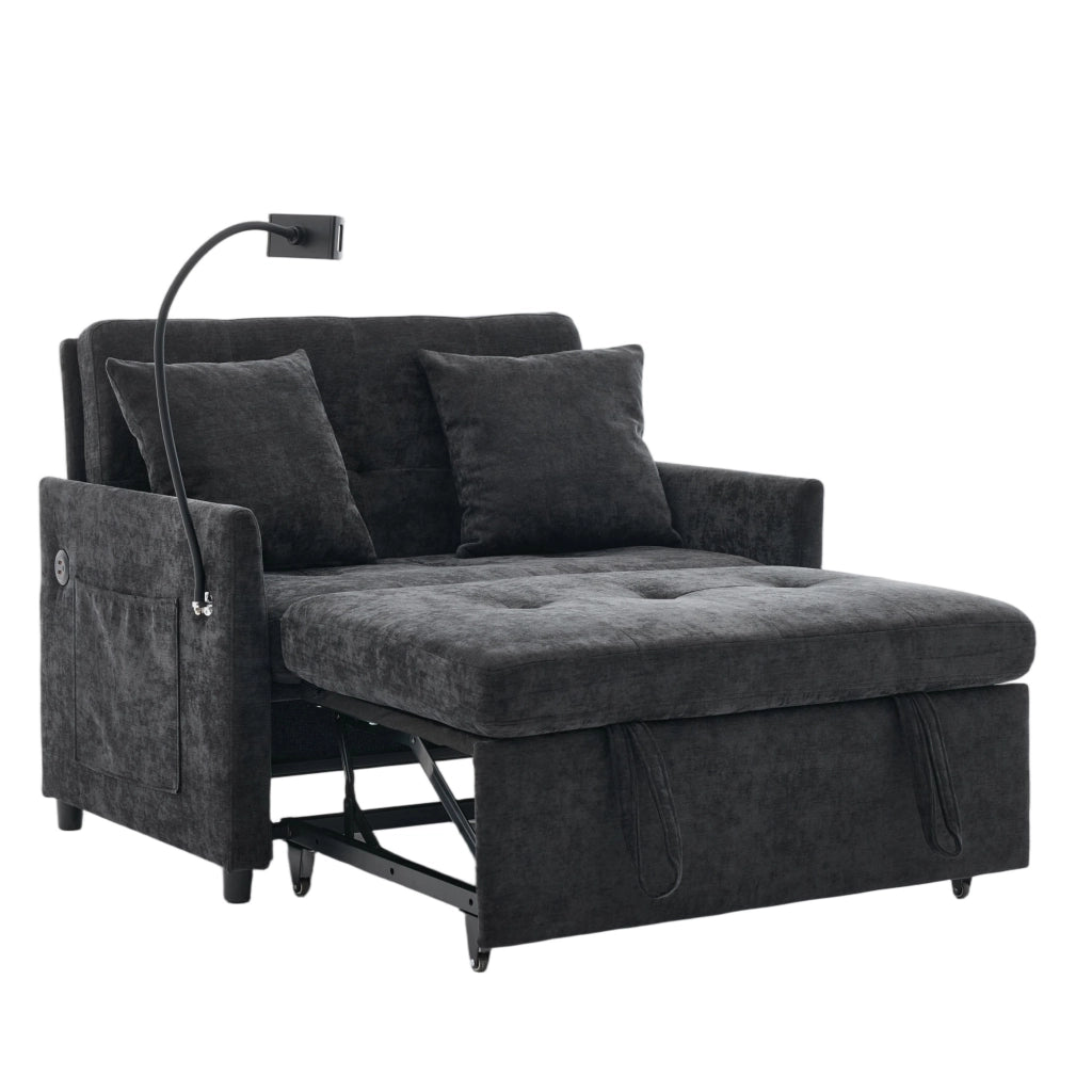Divano letto convertibile con porta USB e supporto tablet, in lino spazzolato, Nero 109 × 72 × 83,5 cm