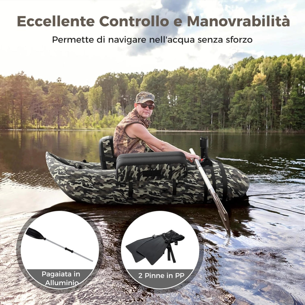 Belly Boat da Pesca Portatile, Gommone Gonfiabile da Pesca con Porta Canne Regolabile, Pompa, Pagaia in Alluminio, Spallacci e Kit di Riparazione, Barca da Mare con 2 Pinne, capacità 160kg