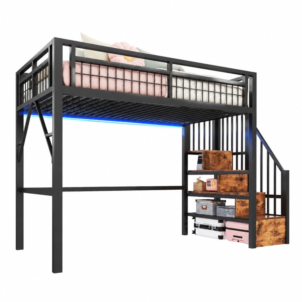 Letto a soppalco 90 × 200 cm con scala contenitore e barra LED in metallo e MDF nero