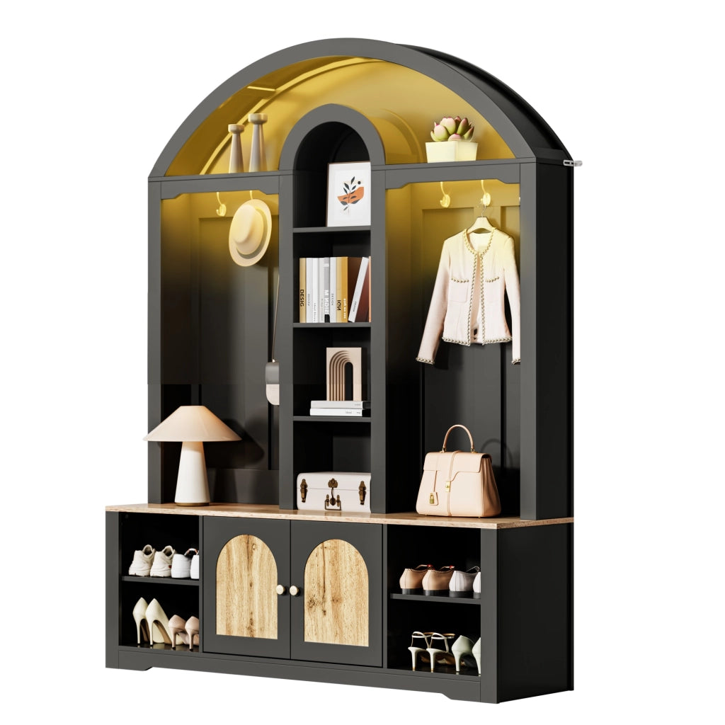 Mobile d'ingresso con 2 Ante; 3 Ripiani Aperti; Ganci e LED USB; Stile Nordico; in MDF; Nero; 150??40??195 cm