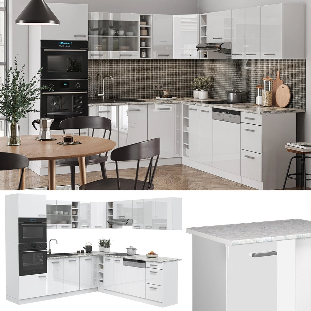 Cucina angolare completa R-Line Bianco lucido/Bianco 247 x 237 cm, PL Antracite Vicco