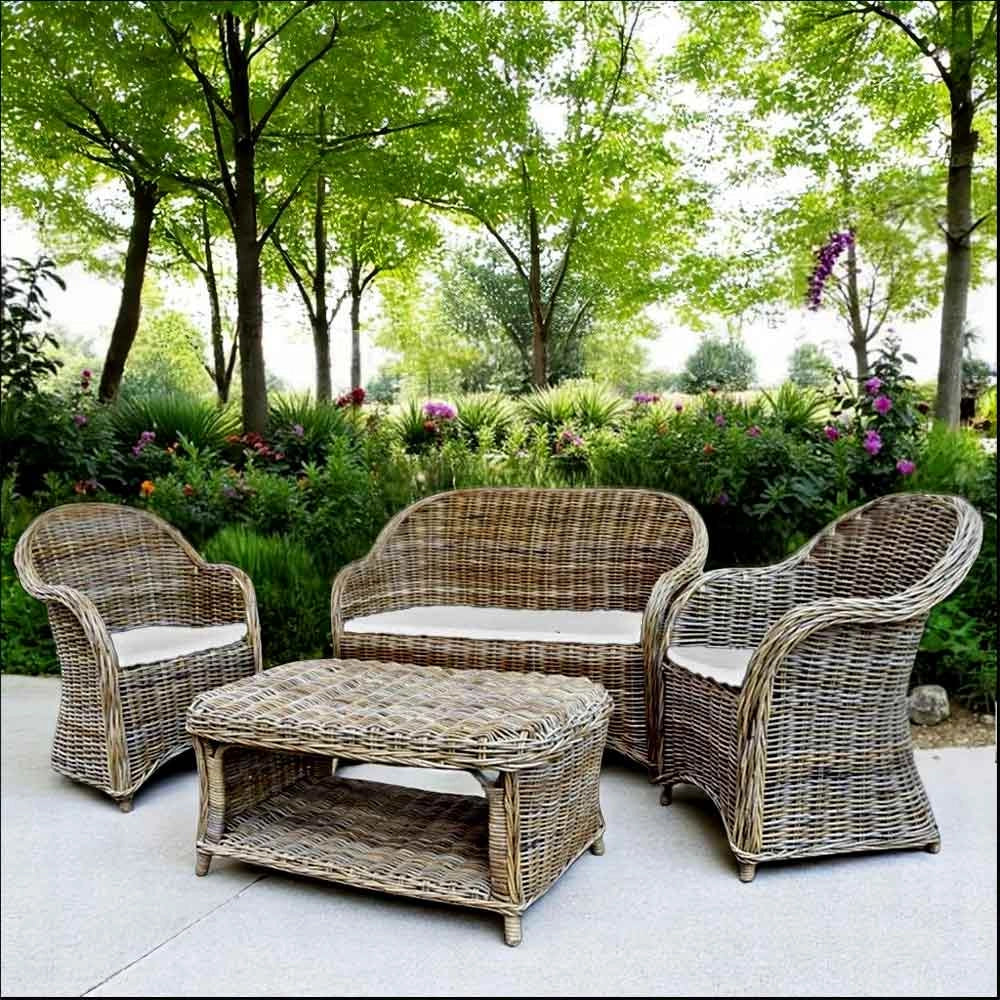 Salotto in rattan grigio intrecciato 1 divanetto 2 poltrone 1 tavolino Roma