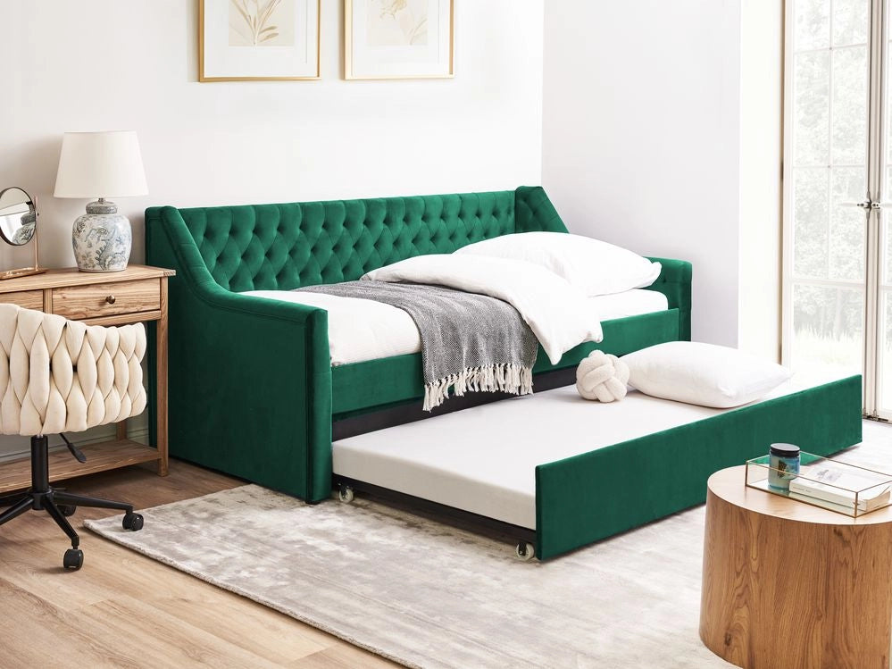 Letto da Giorno Estraibile in Velluto di colore verde con Rete a Doghe stile glamour