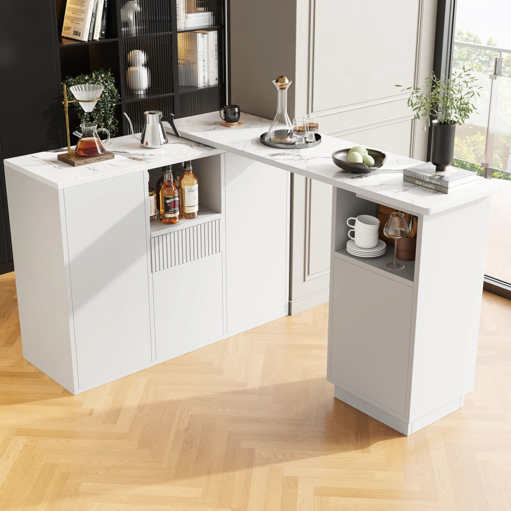 Mobile bar girevole a 360° con piano effetto marmo e vani aperti e chiusi, MDF bianco 210 × 30 × 100,9 cm