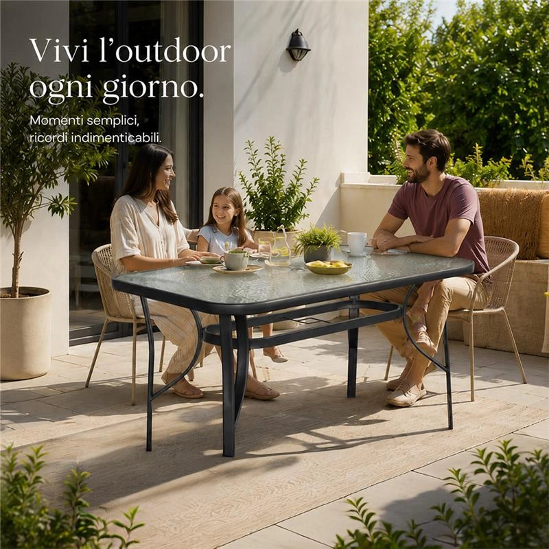 TAVOLO RETTANGOLARE DA GIARDINO CON FORO OMBRELLONE E PIANO IN VETRO - DIMENSIONI  120X70 CM