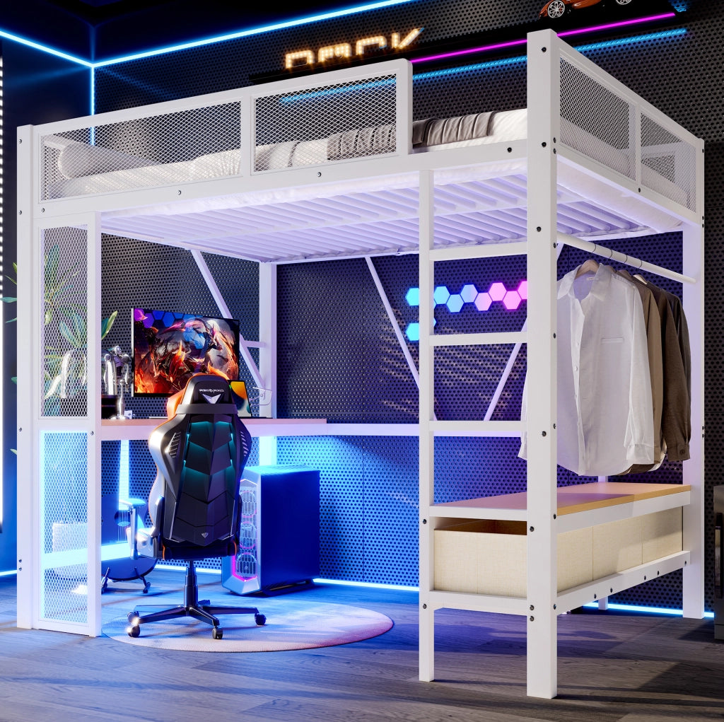 Letto a soppalco 140x200 cm con scrivania LED bianco