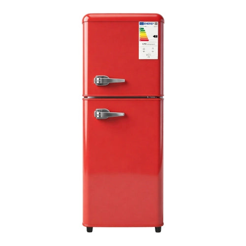 Frigorifero a doppia porta (112L) – controllo della temperatura a 7 livelli; classe di efficienza energetica E; luce LED; ripiani regolabili e portauova – Rosso