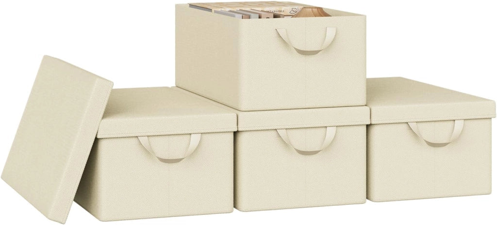 Scatole portaoggetti in Tessuto 6 Pezzi, Contenitori pieghevoli con Coperchio e Maniglie, per Vestiti da Armadio, Crema, 38x27x20cm