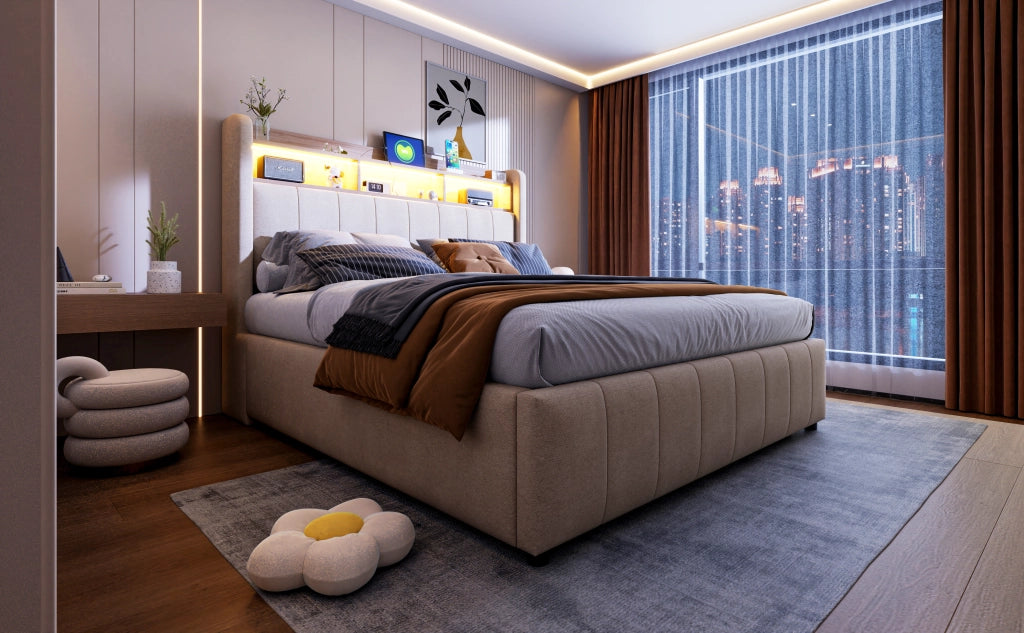 Letto imbottito 140x200 LED USB zaffiro - Xylo