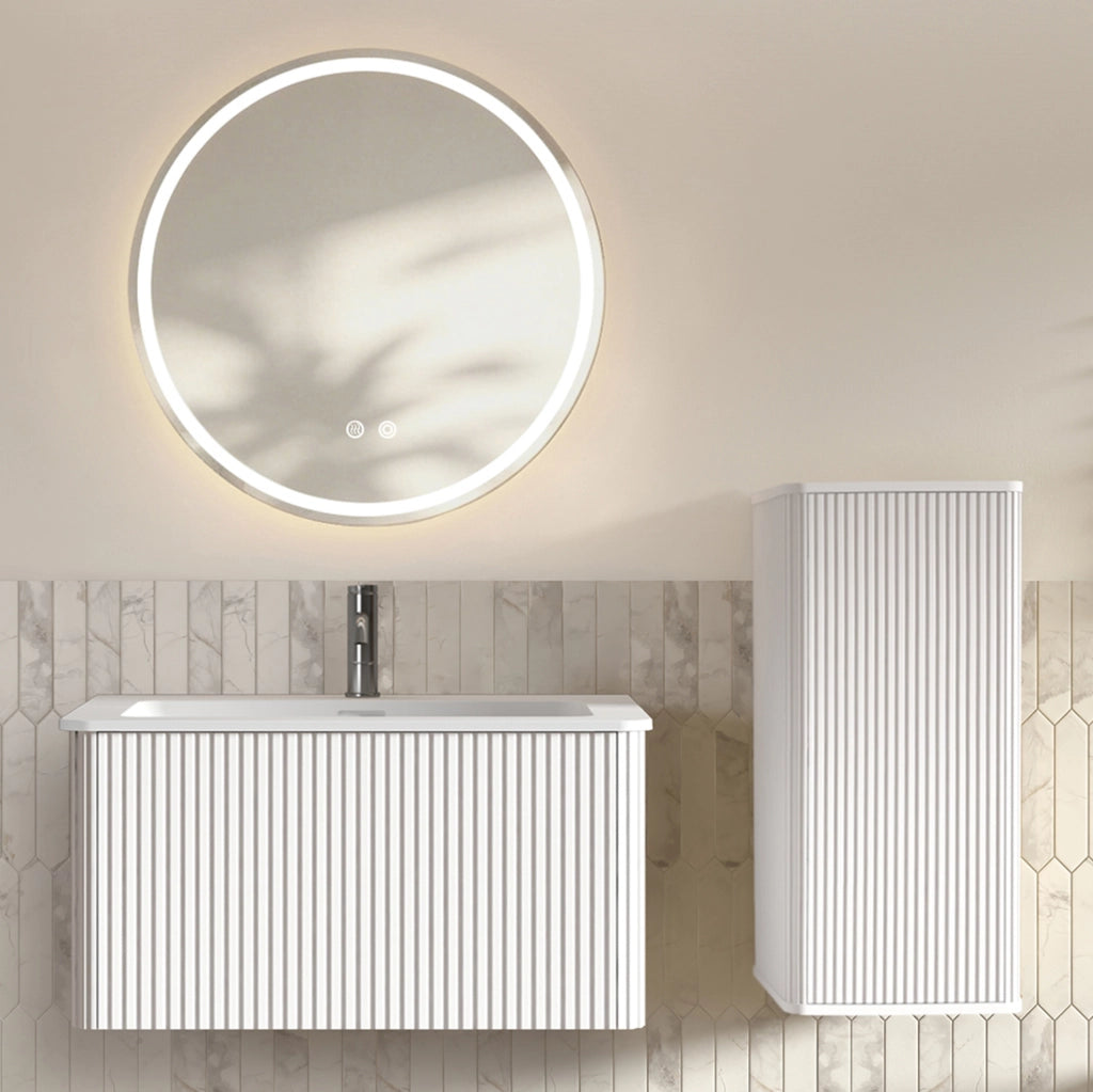 Set mobili bagno ULEVR bianco con lavabo, specchio LED regolabile antiappannamento e colonna sospesa