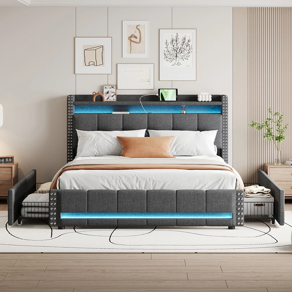 Letto imbottito 160x200 cm - Xylo - Grigio - Luci LED, 4 cassetti, presa USB