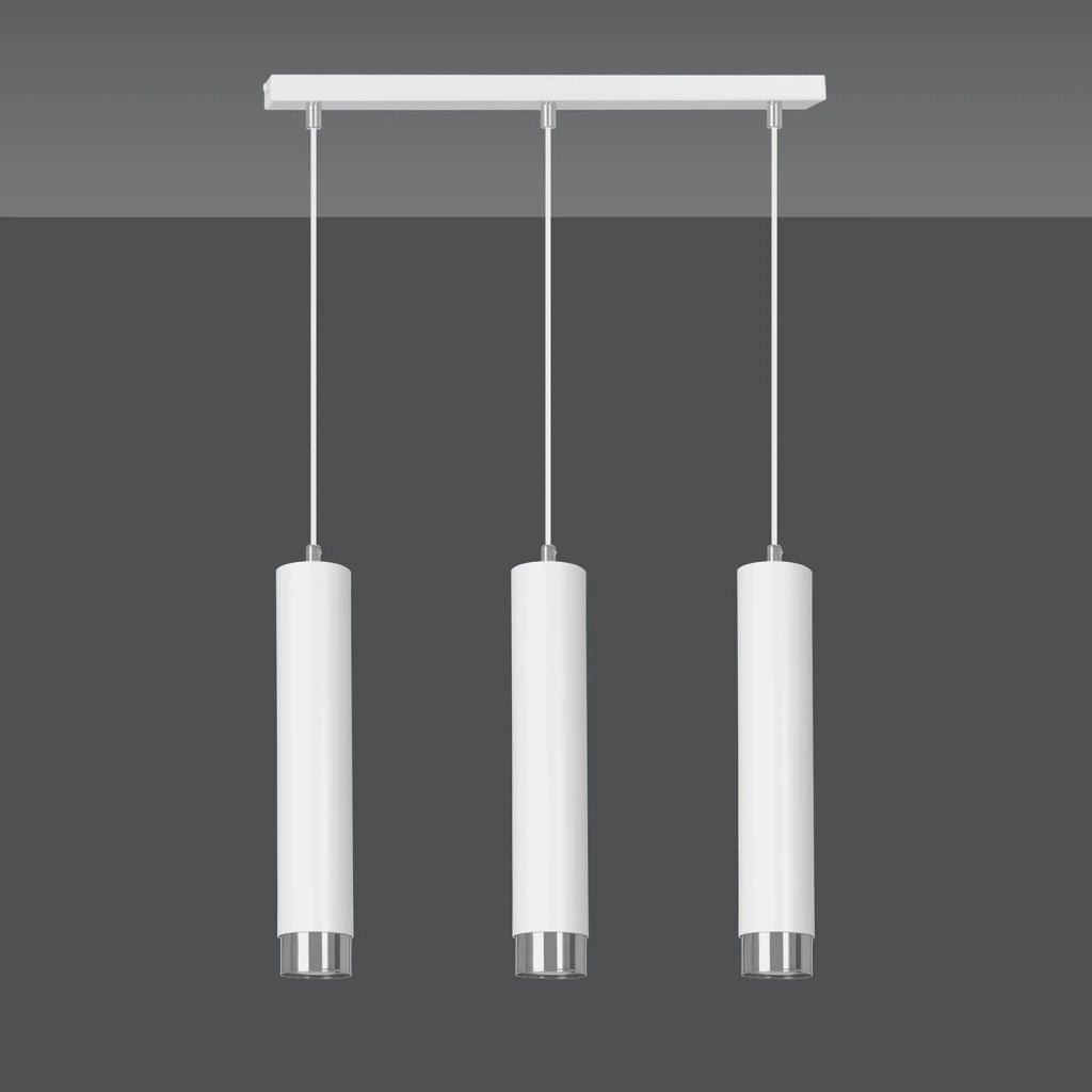 Lampadario 3 Luci Brunilde In Acciaio Bianco E Tubolari In Bianco E Cromo
