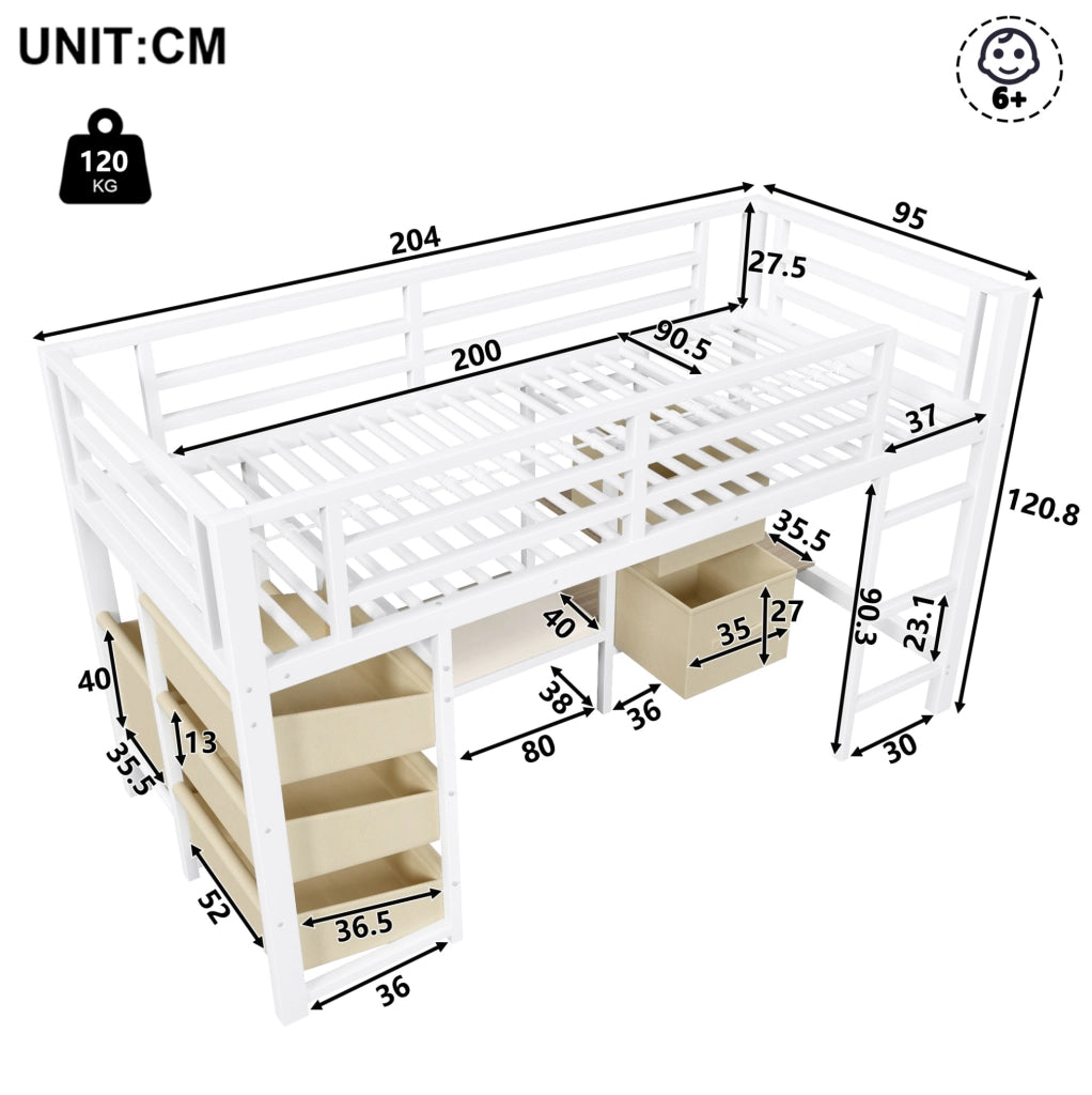 Letto a mezza altezza 90x200 cm in metallo bianco con LED