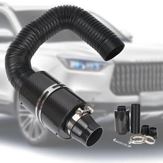 Filtro dell'aria universale ad alta prestazione per auto con sistema di iniezione a fibra di carbonio a forma di fungo, con tubo estensibile e attacco di montaggio adattabile per un ampio range di modelli di veicoli.