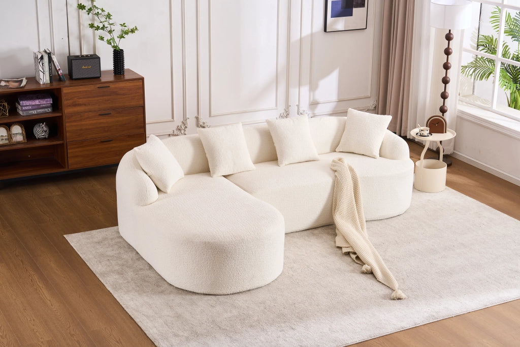 Divano angolare curvo modulare con seduta confortevole e montaggio senza attrezzi in chenille bianco 243 × 150 × 67 cm