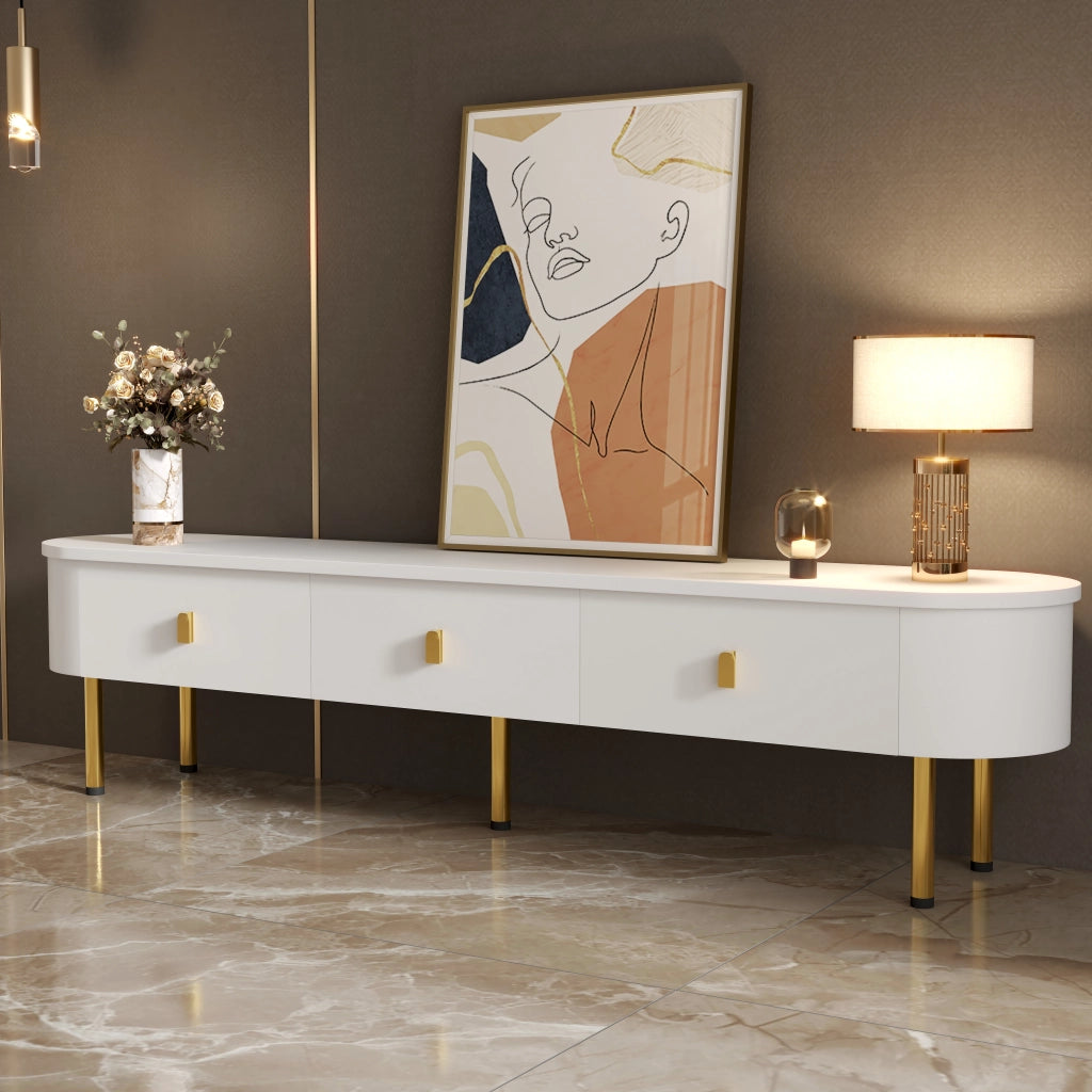 Mobile Porta TV con 3 Cassetti; Maniglie e Piedini Dorati; Angoli Arrotondati; Finitura Laccata; in MDF; 174??35??41 cm; Bianco