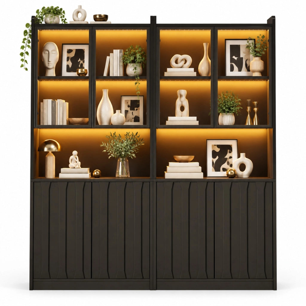 VETRINA Set da 2 pezzi 160x35x200 cm Nera con vetro temperato e LED